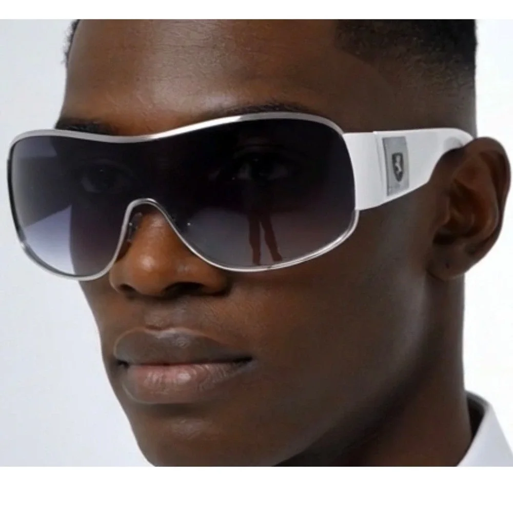 Men Shield Sunglasses Silver White Wrap Oversize Smoke Gradient Lens Performance